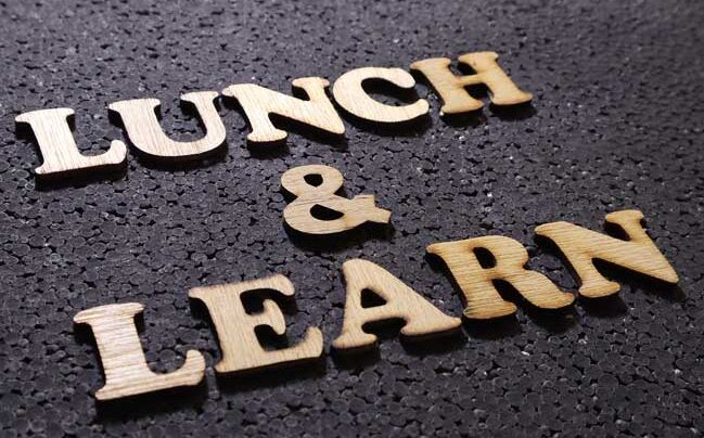 Lunch and Learn Background picture with the wording in gold lettering.